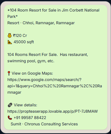 PropTeaser WhatsApp property summary example