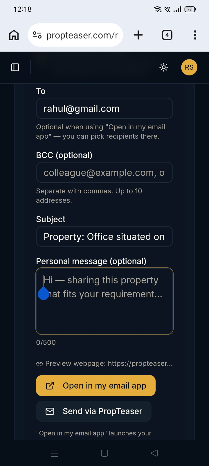 PropTeaser client email composer with property details